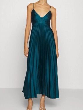 Abercrombie Pleated Maxi Dress Dark Teal Satin Slip Formal Size Small